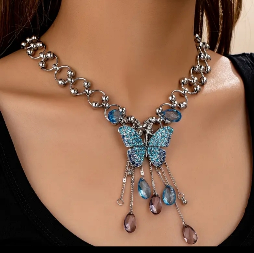 Y2K Boho Streetwear Western Silver Butterly Blue Butterfly Summer Necklace‎